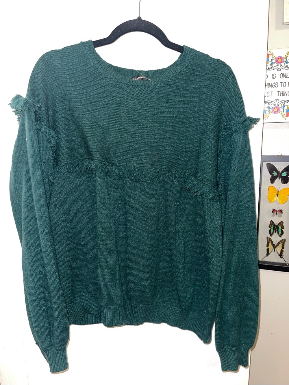 Amazon Women’s Dark Teal Fringe Crewneck Sweater